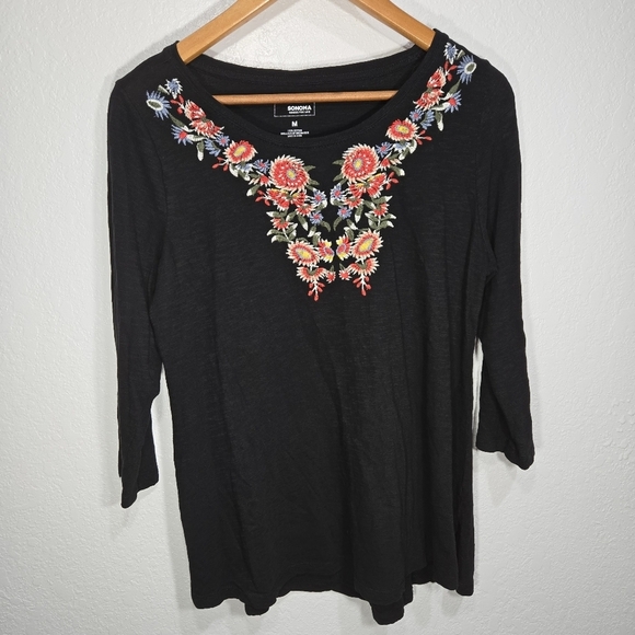 Sonoma Tops - Sonoma Medium Black Floral Embroidered Cotton Shirt